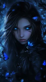 Digital painting portrait with neon-eyed sorceress and butterflies.