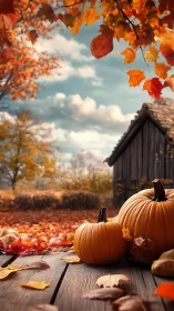 Autumn pumpkins rest on rustic porch beneath falling leaves.