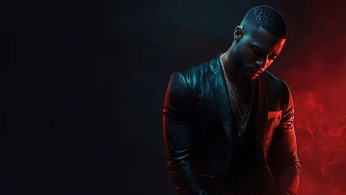 Moody portrait captures stylish man in red and blue light