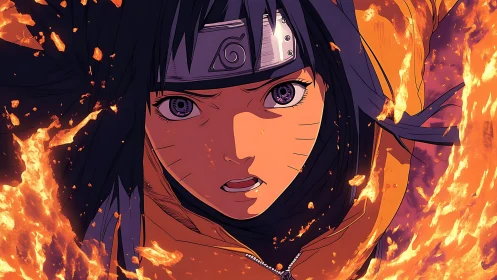 Fiery anime warrior charges forward through swirling flames.