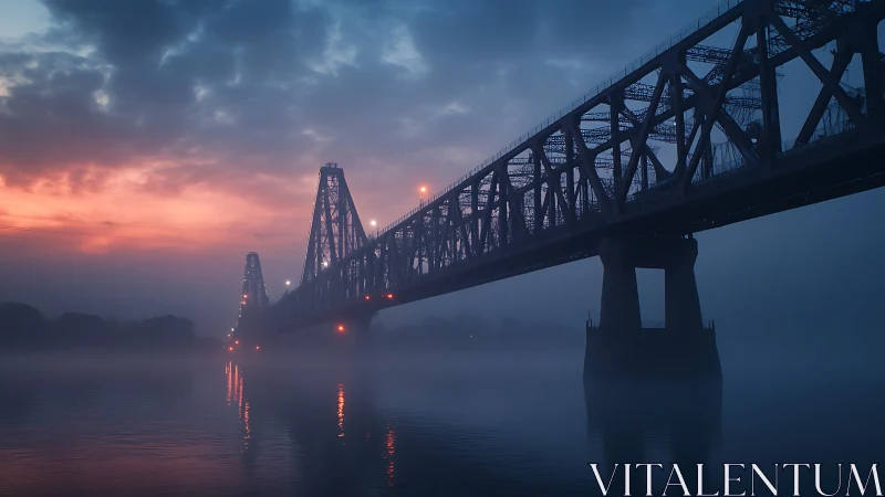 Steel truss bridge in fog with dramatic dawn sky and reflections.
