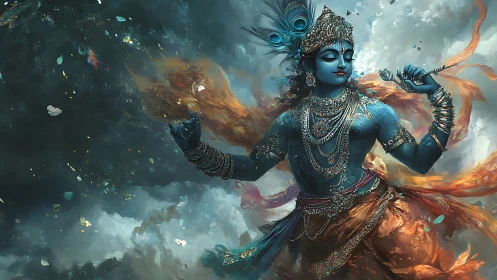 Blue deity figure with flute in swirling ornate garments.