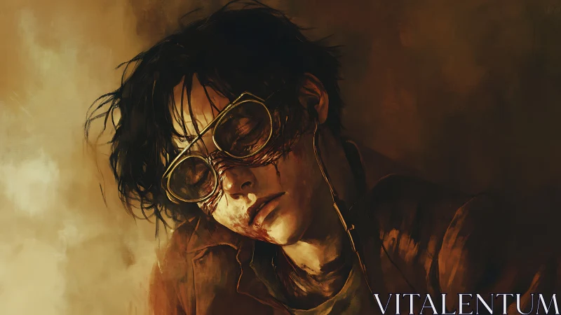 Bloodstained portrait depicts exhausted figure in smeared goggles