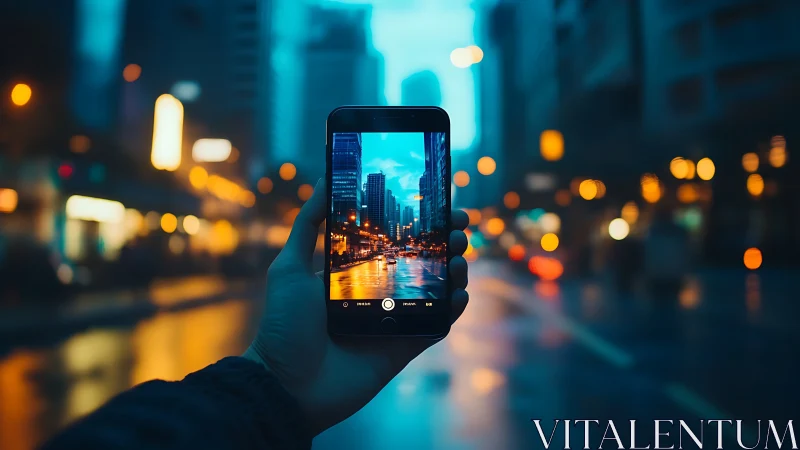 Smartphone frames neon-lit rainy city street perspective.