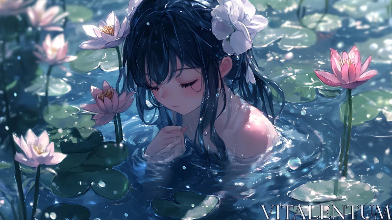 Melancholic girl immersed among luminous water lilies.
