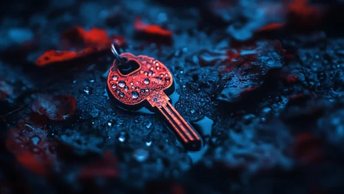 Red metallic key on wet ground with shallow focus detail.