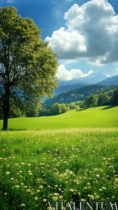 Tree stands over sunlit meadow with distant mountain ridge
