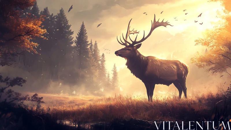 Majestic stag in golden autumn forest, digital art landscape scene.