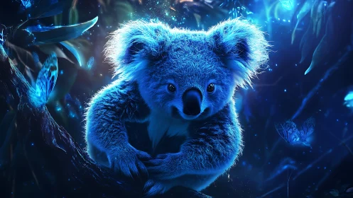 Glow-soft koala resting in a dreamy blue forest night.