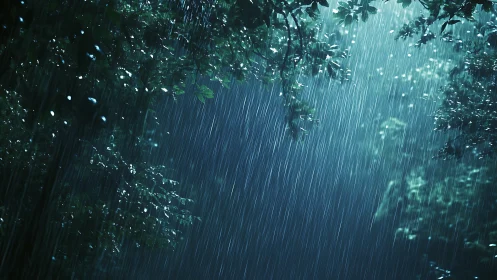 Rainfall through forest canopy with backlit illumination