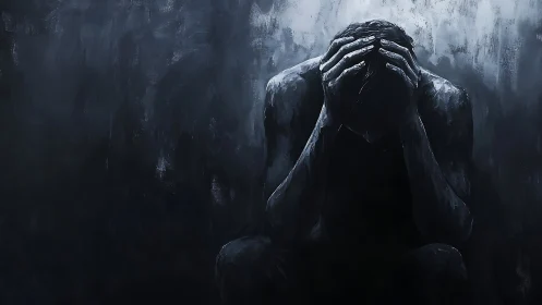 Monochrome figure in crisis under desaturated atmospheric field.