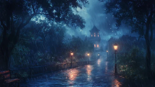 Rain-soaked lantern path leads to illuminated tower in misty park