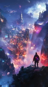 Lone cybernetic scout overlooking neon-ignited megacity abyss