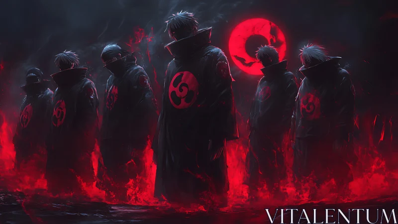 Masked ninja cohort stands in red infernal haze under eclipse