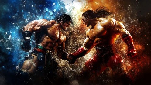 Two muscular fighters engage in intense combat with elemental effects.