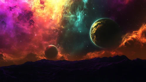 Distant planets hang above dark terrain under neon nebula