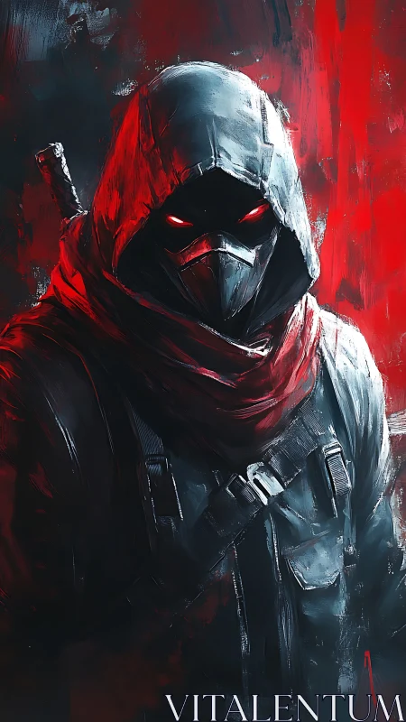 Hooded masked assassin stands in red-lit abstract darkness