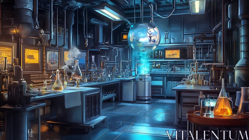 Futuristic chemical laboratory with glowing glass sphere.