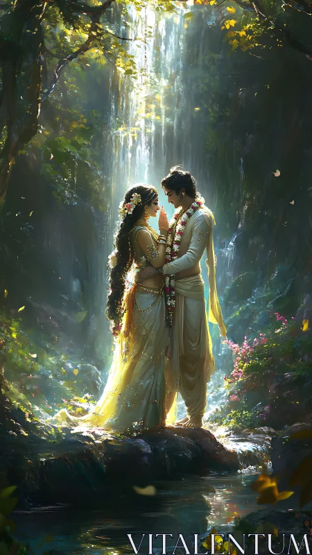 Sacred lovers beneath a radiant forest waterfall glow.