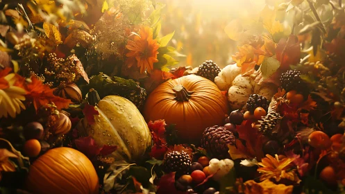 Backlit autumn harvest still life with pumpkins and foliage
