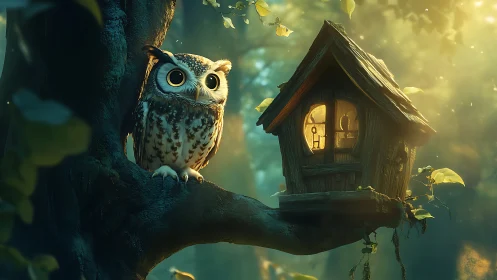 Digital painting of owl and lantern-lit treehouse composition.