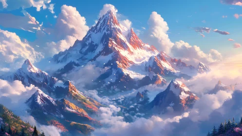 Sunlit alpine peak rendered with volumetric clouds and haze