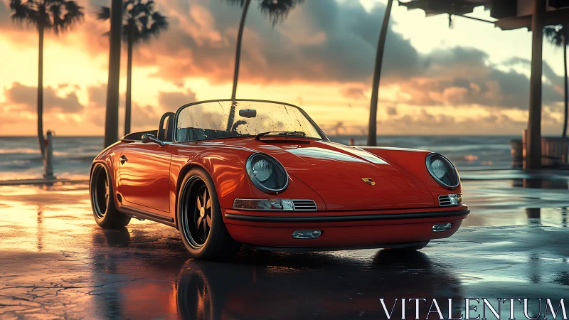 Photorealistic red cabriolet at reflective sunset coastline.
