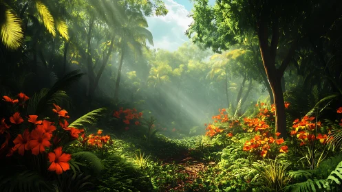 Rainforest scene with volumetric light rays illuminating tropical canopy pathways