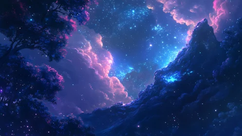 Night sky with nebula clouds over silhouetted forest ridge.