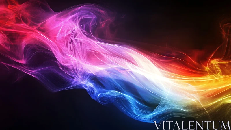 Colorful light waves stream across a dark abstract space.