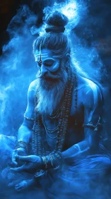 Mystic sage meditates in radiant blue spiritual aura