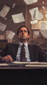 Overwhelmed office worker watches paperwork explode overhead.
