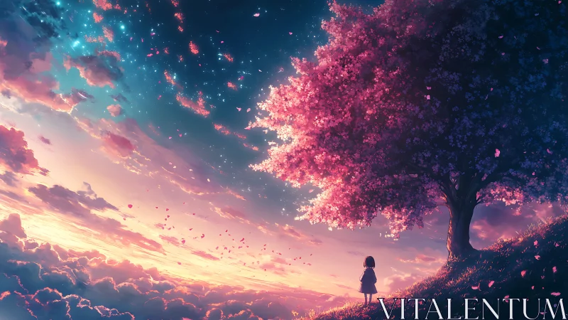Starlit girl under luminous cherry tree at cloud horizon.