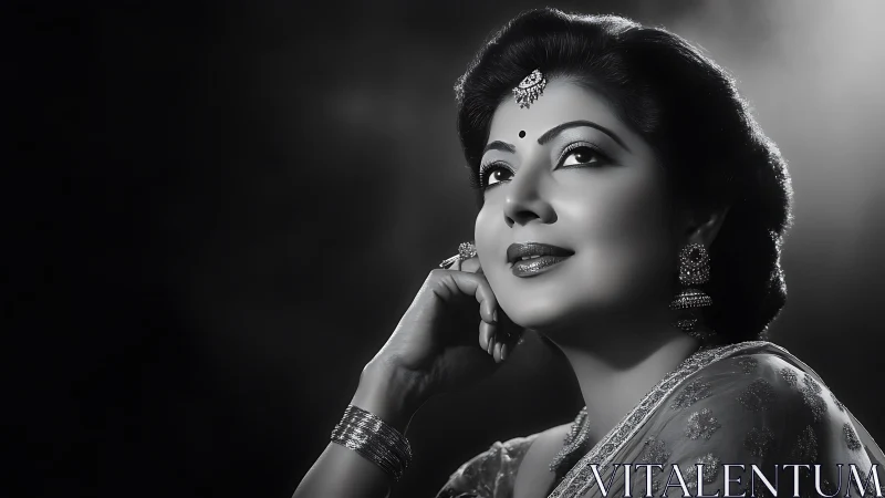 Graceful woman in sari glowing in soft silver light.