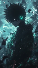 Shadowed hero stands within swirling teal cosmic energy