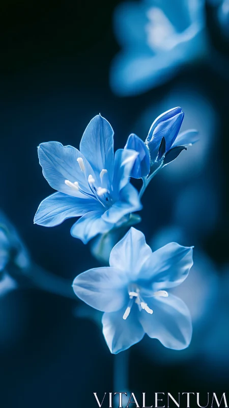 Soft blue blossoms glow gently against a dreamy shadowed dusk