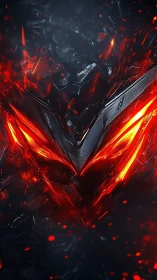 Molten carbon visor crest with emissive fracture glow.