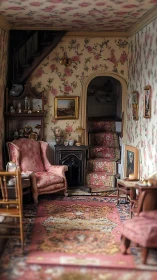 Victorian floral parlor interior with stairwell perspective.