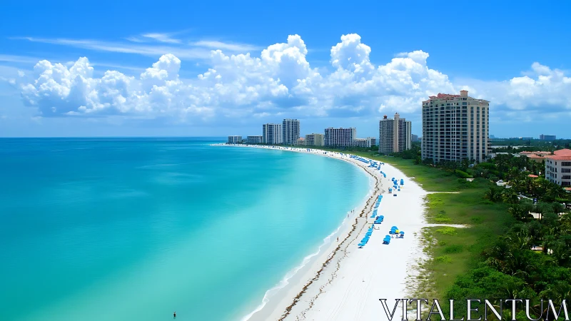 Coastal high-rise resort development with turquoise water beach frontage.