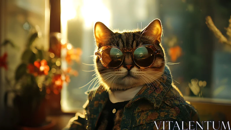 Stylish Cat Wearing Round Sunglasses Indoors