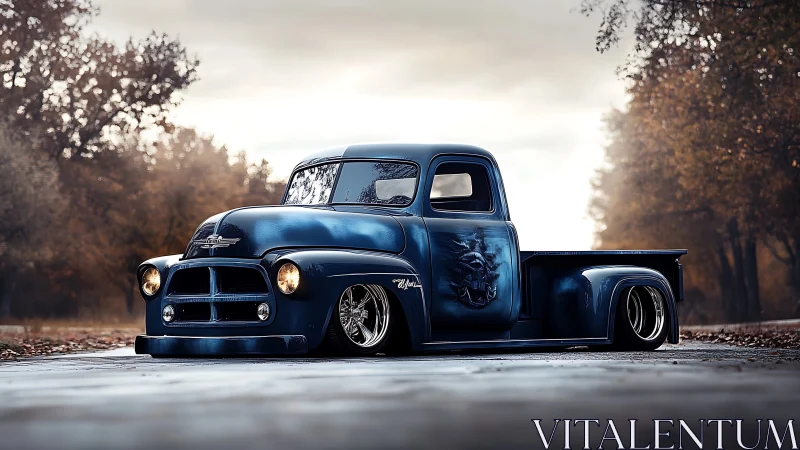 Custom slammed blue vintage truck on wet autumn road.