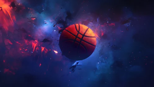 Cosmic court vision: blazing basketball in galactic night.