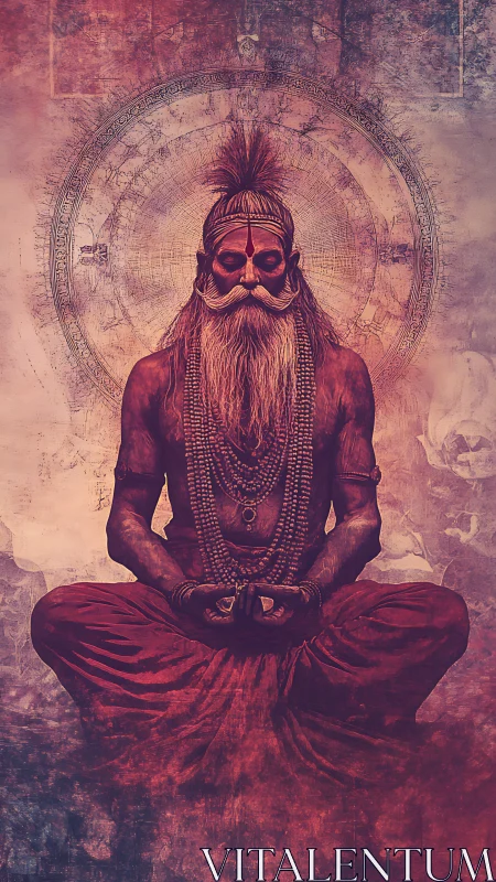Ascetic yogi levitates before mandala in crimson haze.