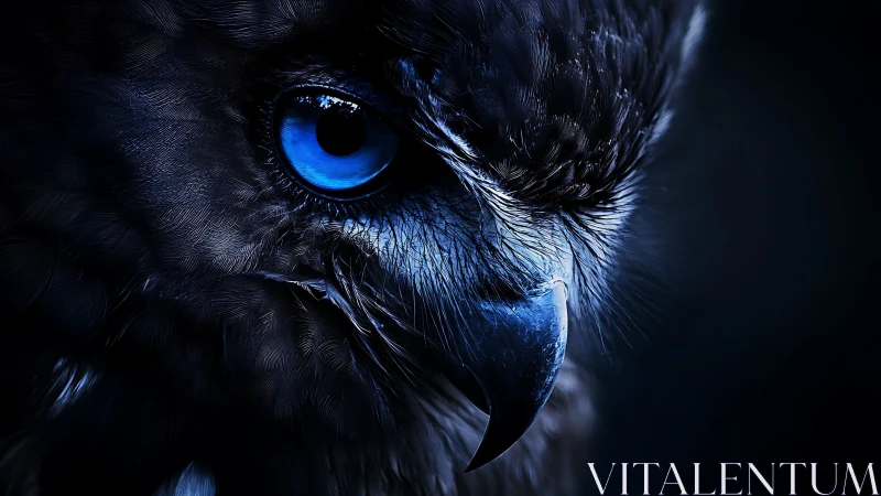 Intense Blue-Eyed Owl Close-Up in Dramatic Moody Lighting.