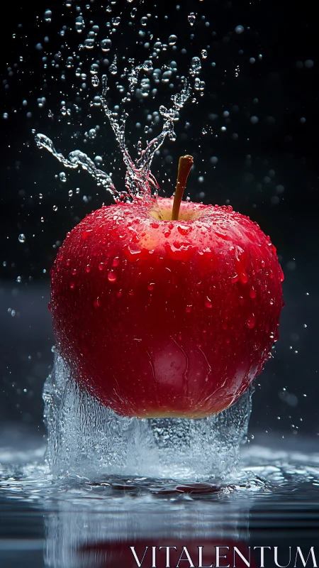 Red apple suspended in water splash against dark ground.