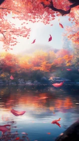 Gentle autumn lake wrapped in glowing sunset colors.