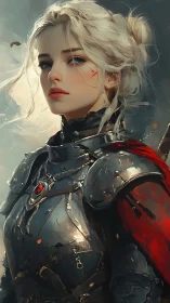 Armored blonde warrior portrait with red cloak accent