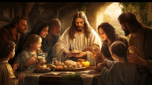 Central robed figure breaks bread at warm candlelit table