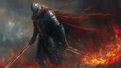 Firelit armored knight strides through embers with quiet resolve.