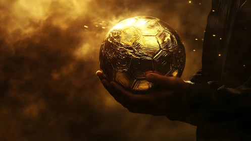 Hands hold glowing golden soccer ball in smoky darkness